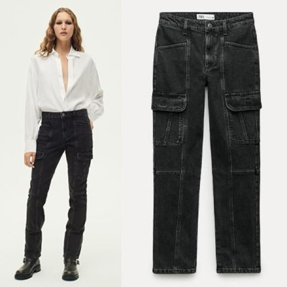 New Zara Mid Rise Slim Cargo Gray Faded Black Jeans 8246/250 Size 6